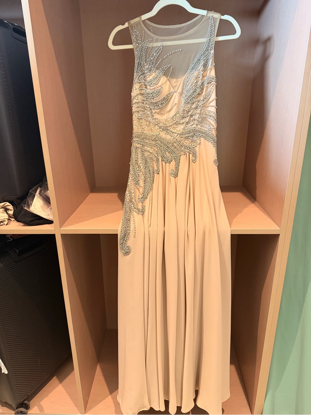 Sue Wong Champagne Maxi Gown with Silver Beading